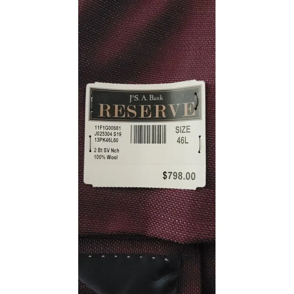 NWT $798 Jos A Bank Reserve Red 2 Button VBC Wool Sport Coat Size 46‎ Long